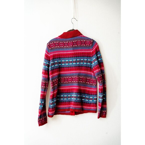 Talbots Petites womens L button cardigan sweater Fair isle red blue cotton knit - Picture 3 of 7